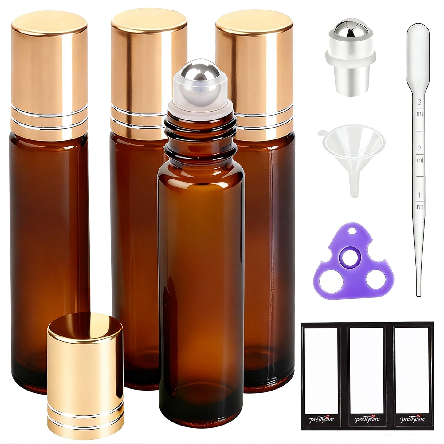 PrettyCare 4 Pack Amber Glass Oil Roller Bottles for Essential Oils 10ml, Roll On Bottles with Stainless Steel Roller Ball Leak-Proof Perfume Travel Refillable Bottle Empty, Beauty &amp;amp; Personal Care
