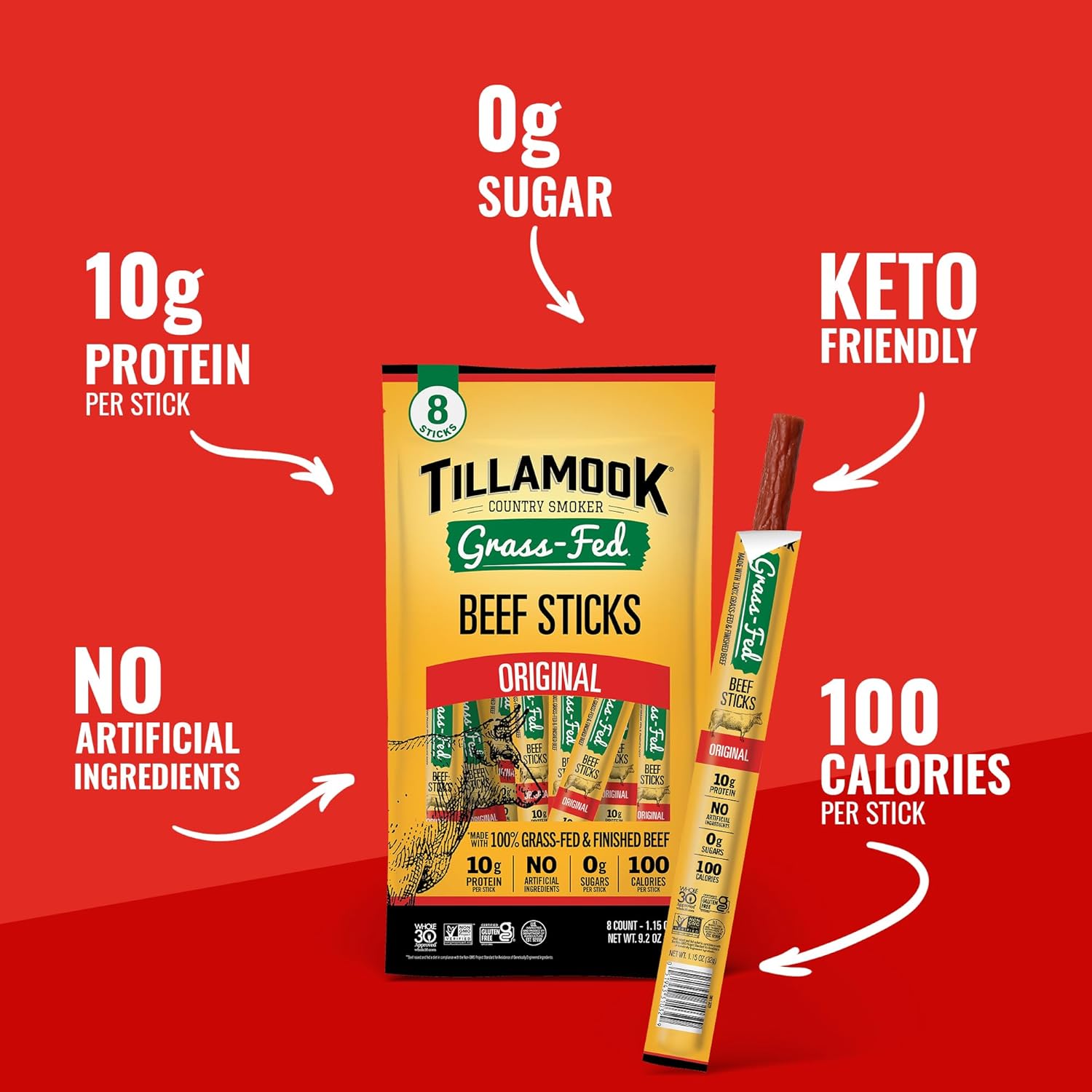 Tillamook_Country_Smoker_100%_Grass_Fed_Beef_Sticks,_Zero_Sugar,_Original,_1.15_Ounce_(Pack_of_8)_Whole_30_Approved,_Non_GMO_Clean_Meat_Snacks,_High_Protein,_Gluten_Free,_Individually_Wrapped