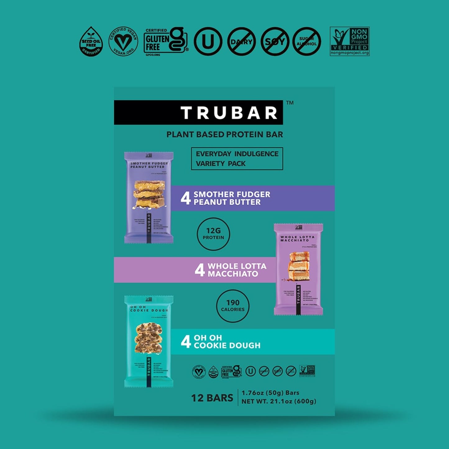 TRUBAR_Vegan_Protein_Bar_Variety_Pack,_Assorted_Flavors,_Peanut_Butter,_Macchiato,_Cookie_Dough,_Gluten_Free,_Vegan_Protein_Snacks,_12G_Plant-Based_Protein,_High_Fiber,_Healthy_Protein_Bars,_12_CT