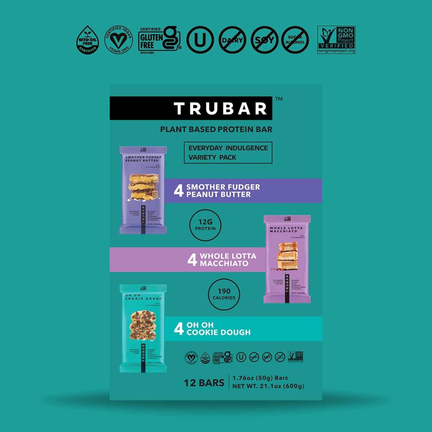 TRUBAR_Vegan_Protein_Bar_Variety_Pack,_Assorted_Flavors,_Peanut_Butter,_Macchiato,_Cookie_Dough,_Gluten_Free,_Vegan_Protein_Snacks,_12G_Plant-Based_Protein,_High_Fiber,_Healthy_Protein_Bars,_12_CT