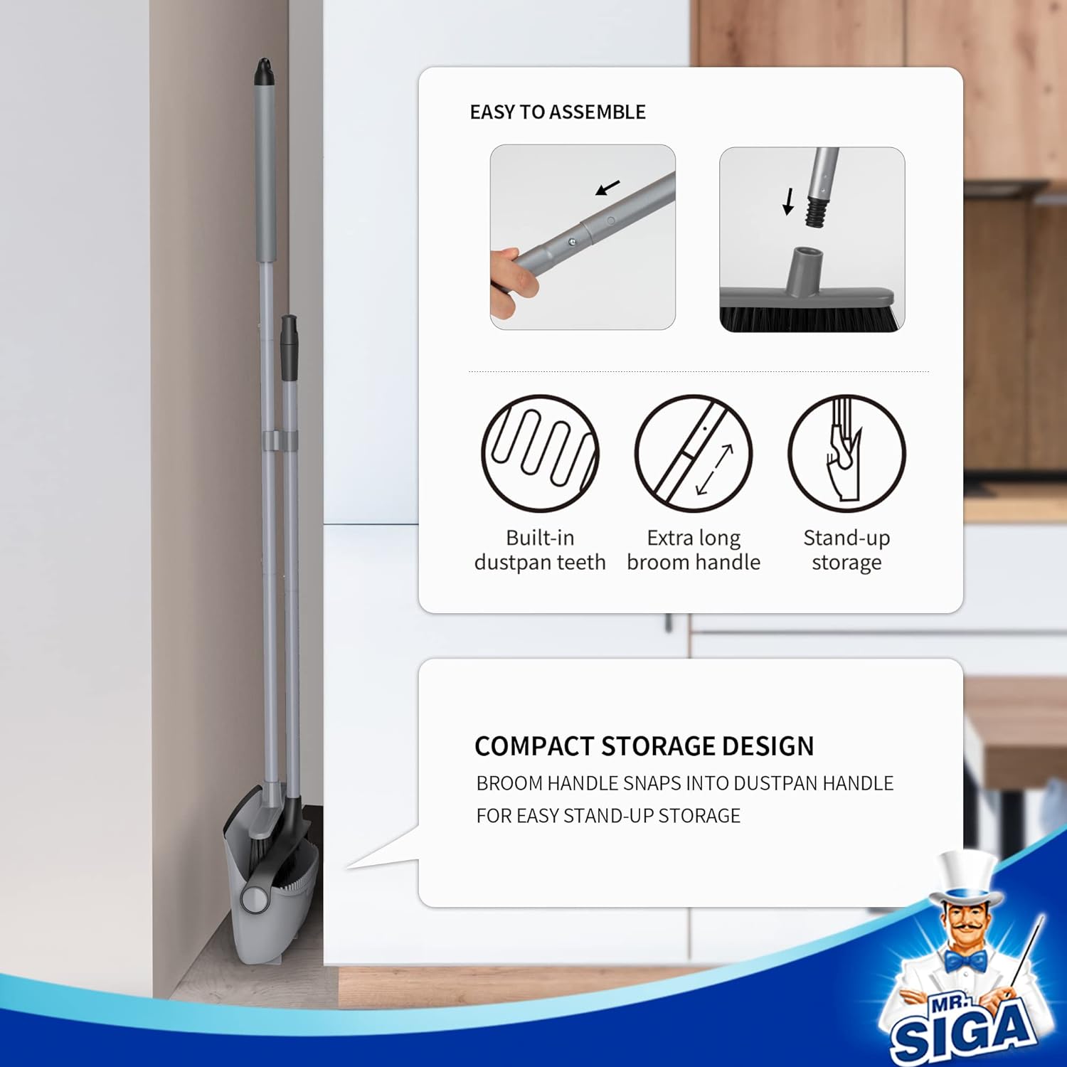 MR.SIGA_Broom_and_Dustpan_Set_with_Adjustable_Long_Handle,_Upright_Combo_for_Floor,_Cleaning_Lobby,_Gray