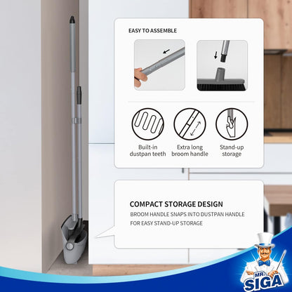 MR.SIGA_Broom_and_Dustpan_Set_with_Adjustable_Long_Handle,_Upright_Combo_for_Floor,_Cleaning_Lobby,_Gray