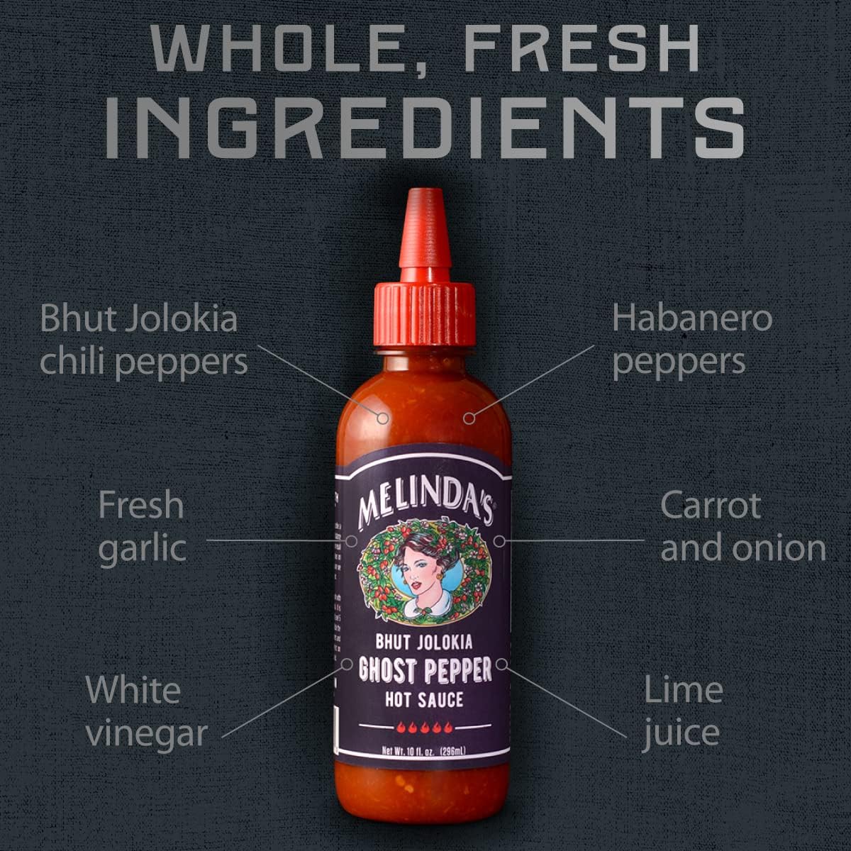 Melinda’s_Ghost_Pepper_Hot_Sauce_-_Gourmet_Extra_Spicy_Hot_Sauce_-_Made_with_Fresh_Ingredients,_Ghost_Peppers_(Bhut_Jolokia),_Habanero_Pepper,_Carrot,_Garlic,_Lime_Juice_-_10oz_Squeeze,_1_Pack