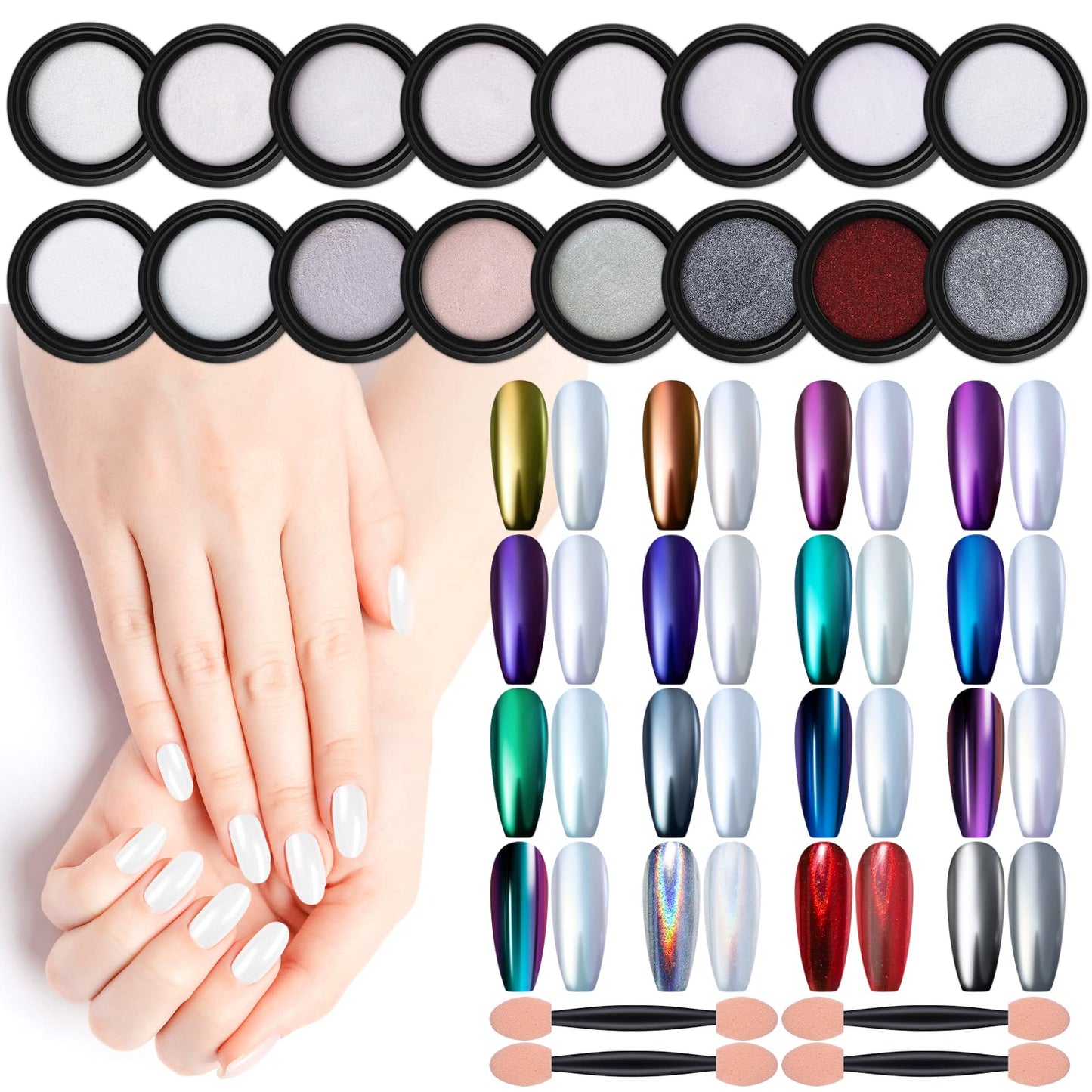 Artdone 16 Jars Chrome Nail Powder Metallic Mirror Effect Pigment Chrome Iridescent Aurora Nail Glitter Mermaid White Pearl Glitter Dust Kit for Gel Polish Nail Art Decoration, Resin Craft