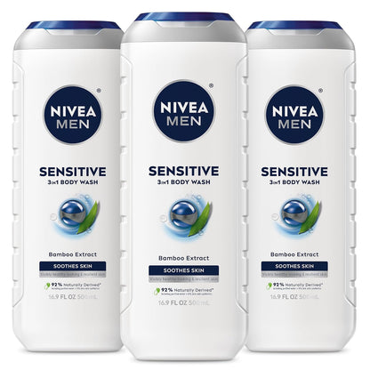 NIVEA_MEN_Sensitive_Body_Wash_with_Bamboo_Extract,_Moisturizing_Body_Wash_for_Sensitive_Skin,_Soap_Free_Shower_Gel_for_Men_with_No_Drying_Alcohol,_16.9_Fl_Oz_Bottle,_Pack_of_3