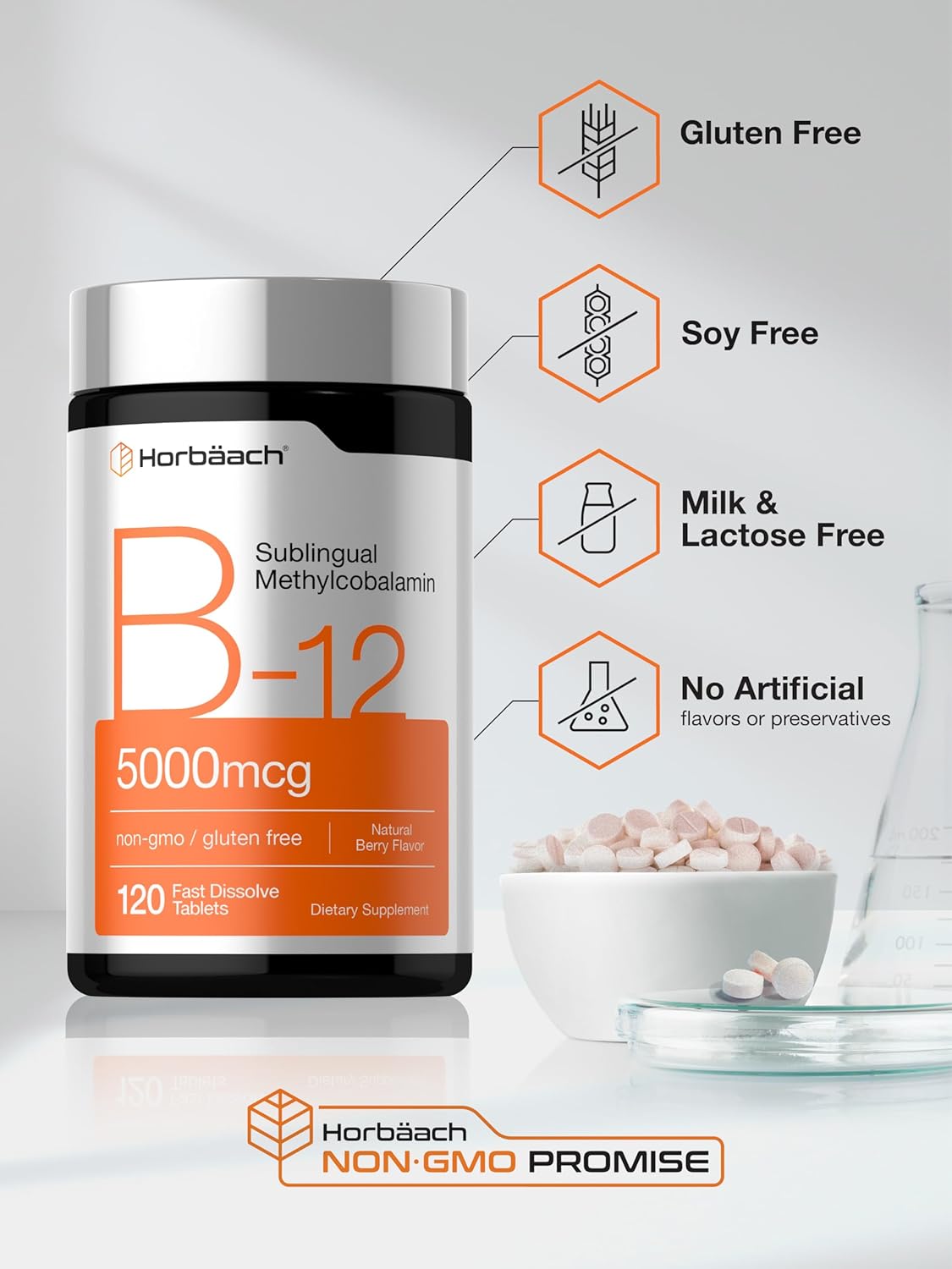 Horbäach_B12_Vitamin_5000_mcg_|_120_Fast_Dissolve_Tablets_|_Sublingual_Methylcobalamin_|_Vegan,_Non-GMO_&_Gluten_Free_Supplement