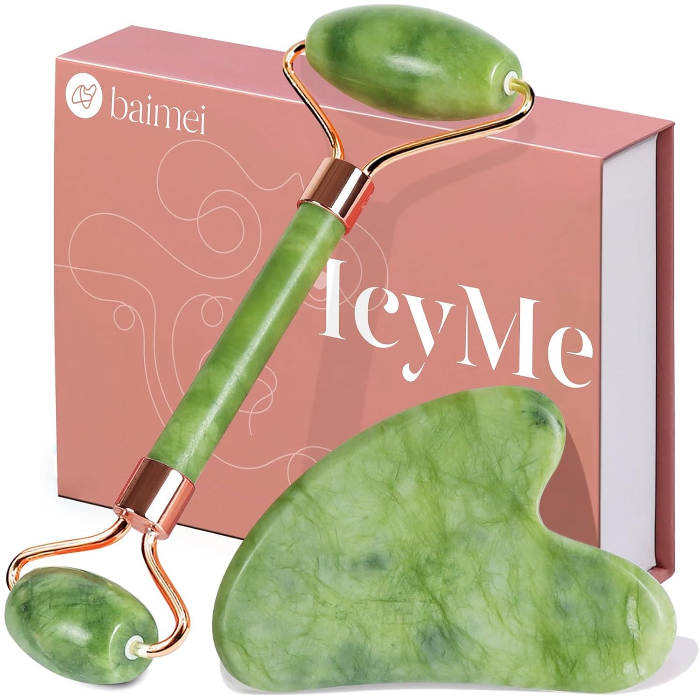 BAIMEI_IcyMe_Gua_Sha_&_Jade_Roller_Facial_Tools_Face_Roller_and_Gua_Sha_Set_for_Puffiness_and_Redness_Reducing_Skin_Care_Routine,_Self_Care_for_Men_Women_-_Green