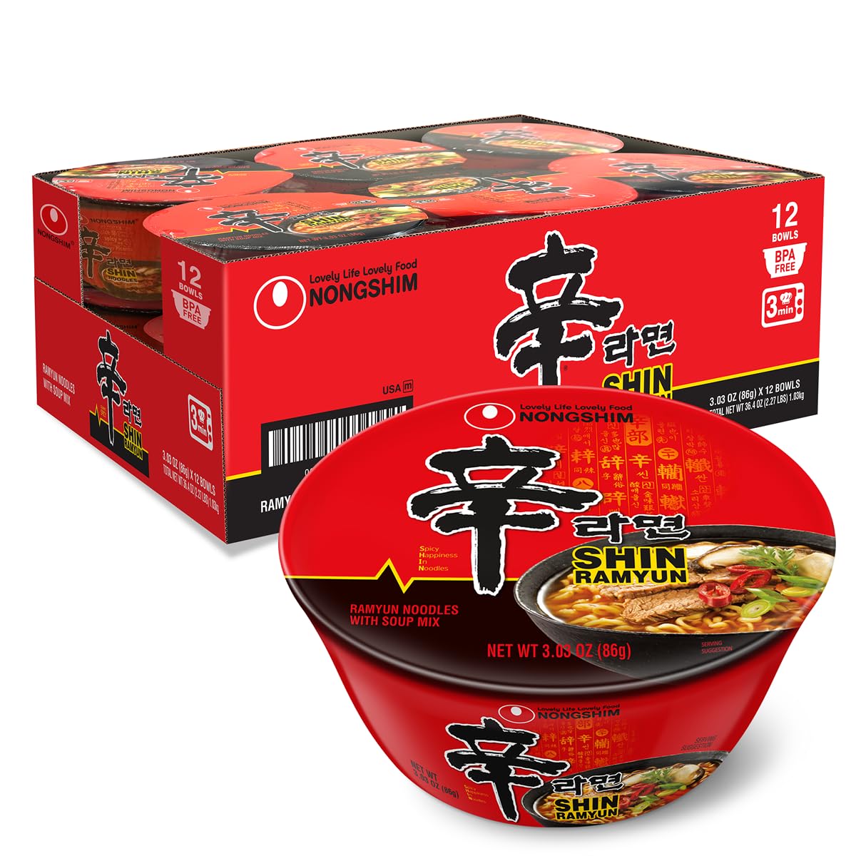 Nongshim_Shin_Ramyun_Bowl_Noodles,_Spicy_Korean_Signature_Instant_Ramyun,_Rich_Beef_Flavored_Broth,_Quick_and_Easy,_Microwaveable_Bowl,_3.03_oz_(Pack_of_12)