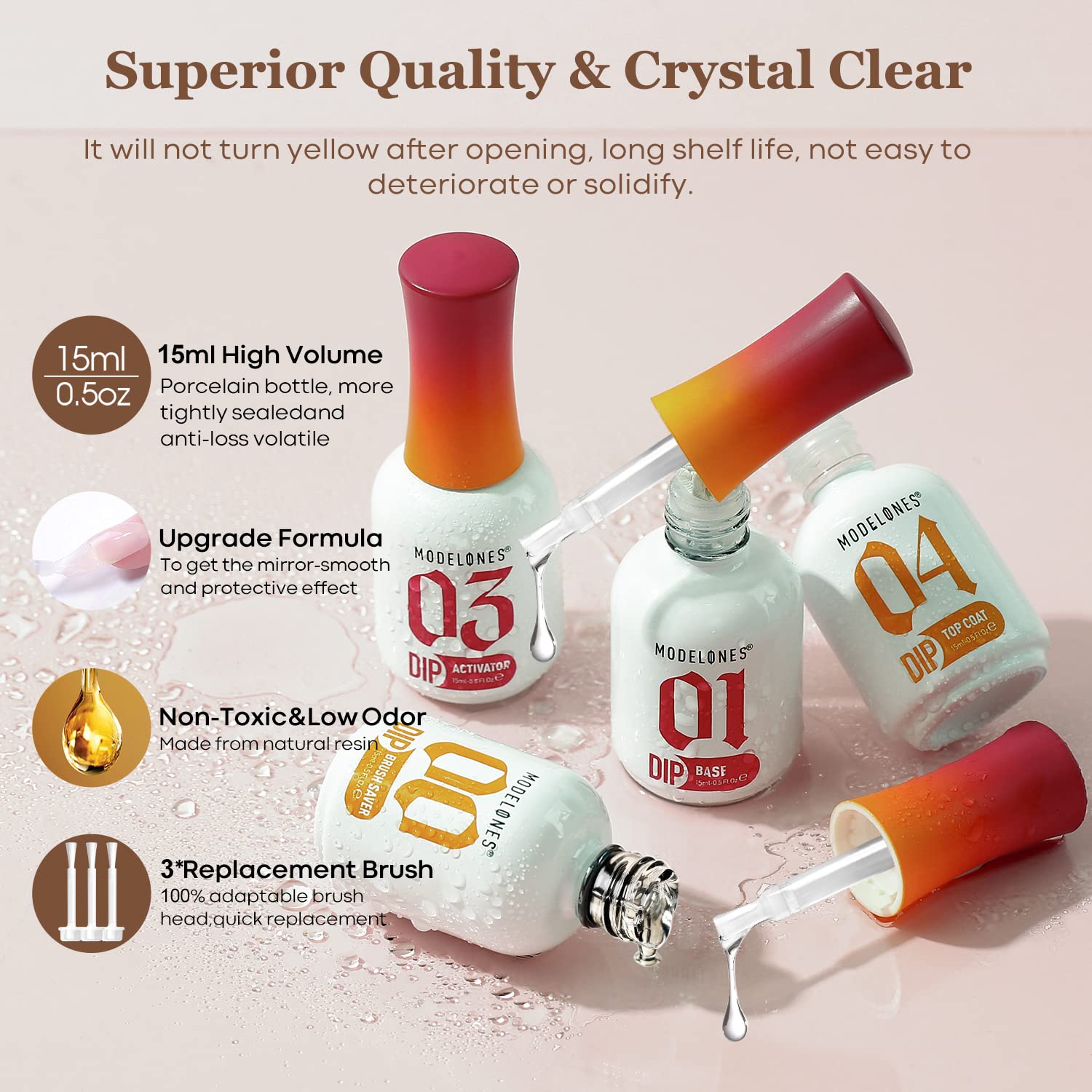Modelones_Dip_Powder_Liquid_Set_4+4_Pcs,_Dip_Powder_System_Set_with_Base_Coat/Top_Coat/Activator/Brush_Saver/Manicure_Tools_for_Nail_Kit_Art_DIY_Salon_-_15ml/0.5oz