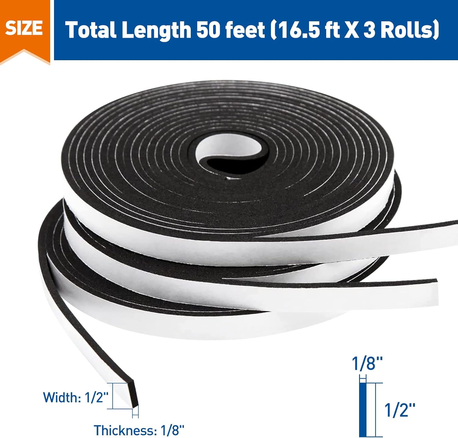 MAGZO_Weather_Stripping_Door_Seal,_1/2_Inch_Wide_X_1/8_Inch_Thick_Adhesive_Foam_Tape_Soundproof_Weatherstripping_for_Windows,_3_Rolls_Total_50FT_Black