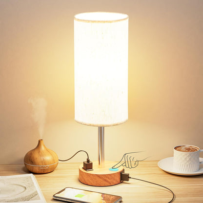 Bedside_Table_Lamp_for_Bedroom_-_3_Way_Dimmable_Touch_Lamp_USB_C_Charging_Ports_and_AC_Outlet,_Small_Lamp_Wood_Base_Round_Flaxen_Fabric_Shade_for_Living_Room,_Desk,_LED_Bulb_Included
