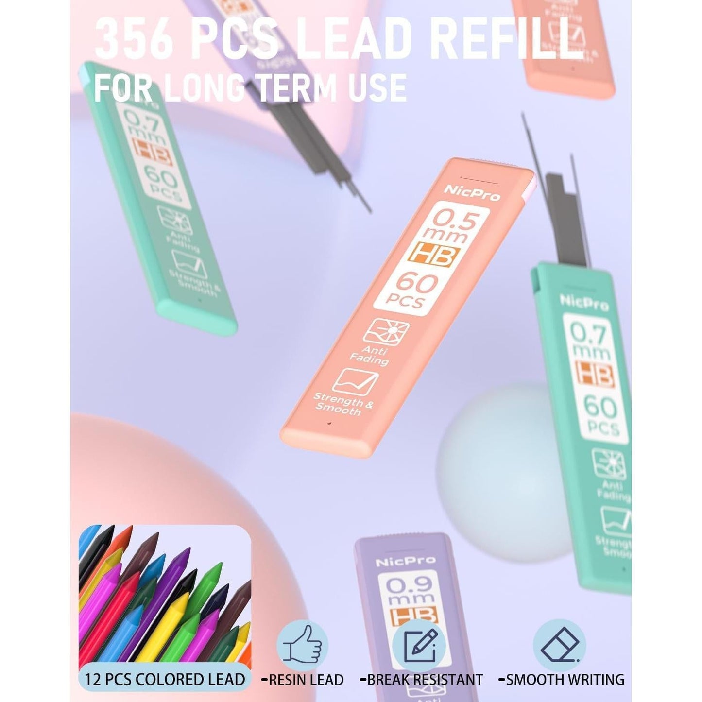 Nicpro_22PCS_Pastel_Mechanical_Pencils_Set_in_Case,_Art_Cute_Drafting_Pencil_0.5,_0.7,_0.9_mm,_2mm_Lead_Pencil_Holders_for_Sketching_Drawing_With_11_Tube_(4B_2B_HB_2H_Colors)_Lead_Refills,_3_Erasers