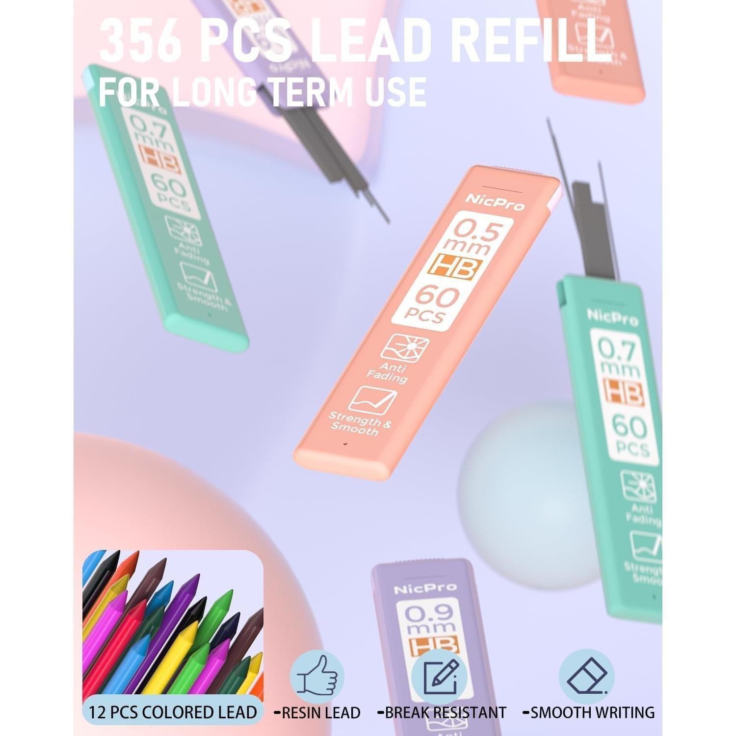 Nicpro_22PCS_Pastel_Mechanical_Pencils_Set_in_Case,_Art_Cute_Drafting_Pencil_0.5,_0.7,_0.9_mm,_2mm_Lead_Pencil_Holders_for_Sketching_Drawing_With_11_Tube_(4B_2B_HB_2H_Colors)_Lead_Refills,_3_Erasers
