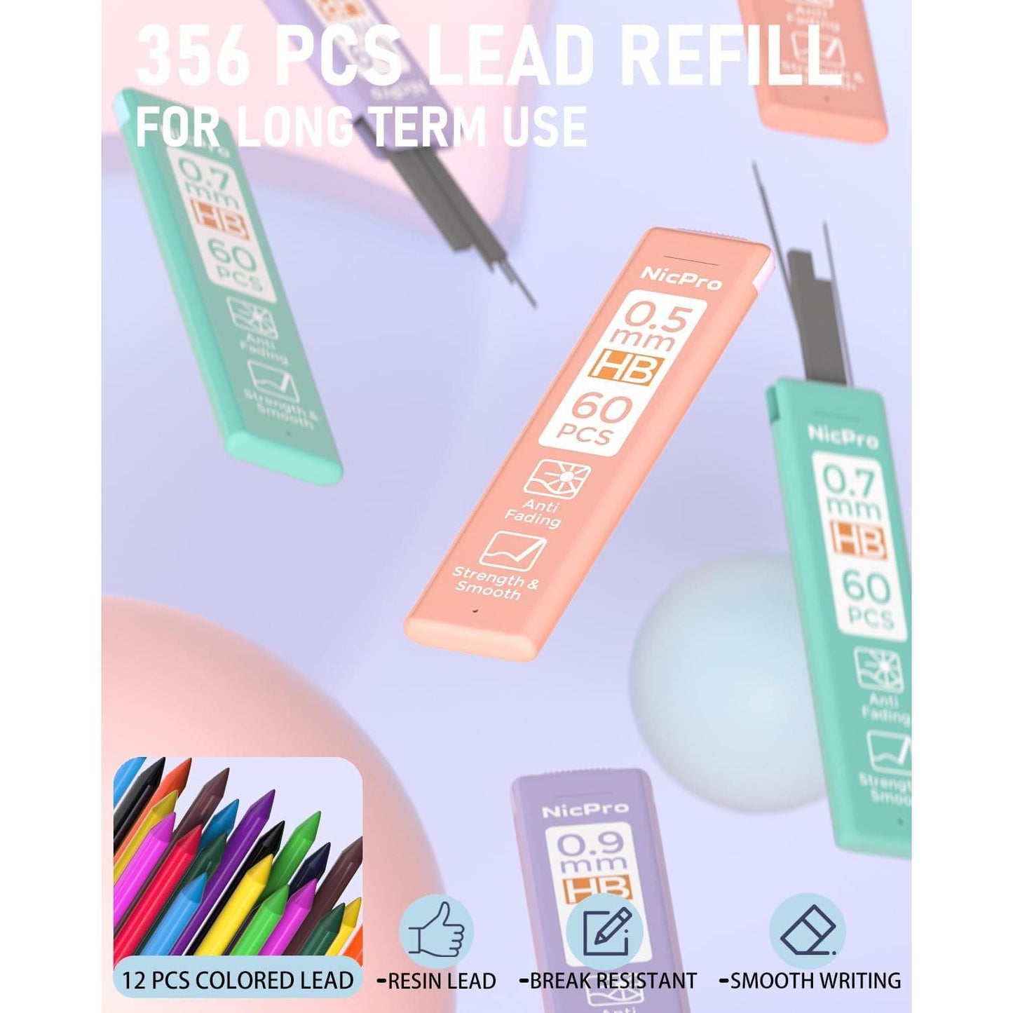 Nicpro_22PCS_Pastel_Mechanical_Pencils_Set_in_Case,_Art_Cute_Drafting_Pencil_0.5,_0.7,_0.9_mm,_2mm_Lead_Pencil_Holders_for_Sketching_Drawing_With_11_Tube_(4B_2B_HB_2H_Colors)_Lead_Refills,_3_Erasers