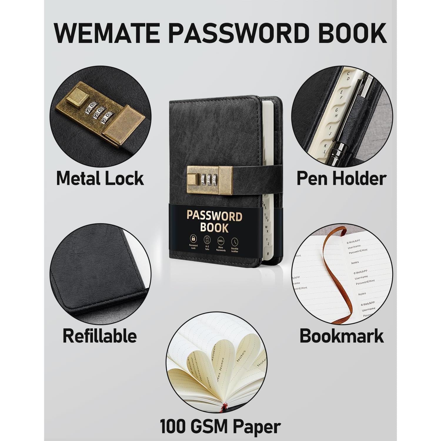 WEMATE_Password_Book_with_Lock,_Password_Book_with_Alphabetical_Tabs_600+_Password_Spaces,_Password_Logbook_with_Lock,_Password_Keeper_for_Computer_4.33_X_6.18_Inch