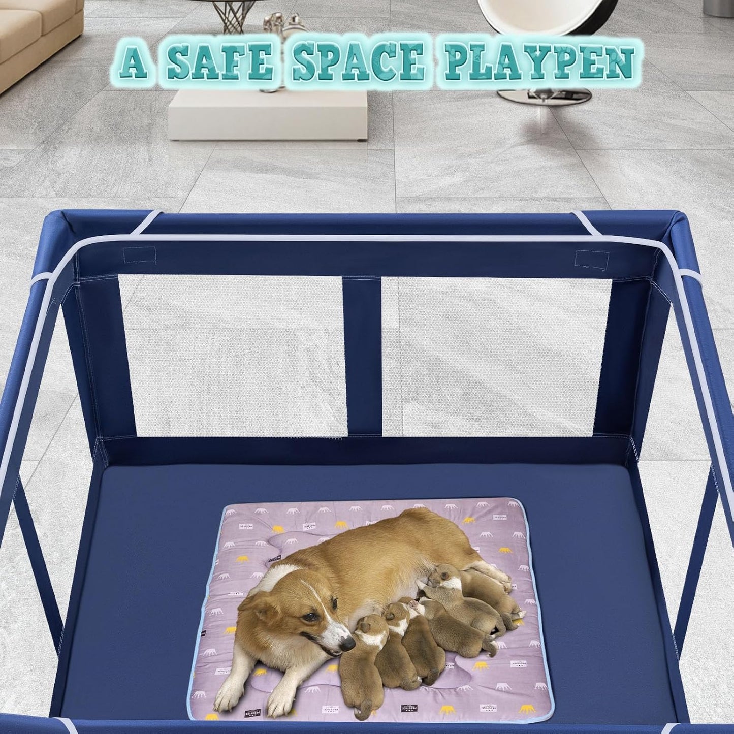 XVISHX_42x42_Inches_Puppy_Playpen_with_Gate,_Dog_Playpen_for_Puppies_or_Small_Dogs,_DogFence_Pet_Playpen_for_Indoor_&_Outdoor,_Sturdy_Safety_DogPen_with_Thickened_Fabric,_High-Strength_Nylon_Wire_Mesh
