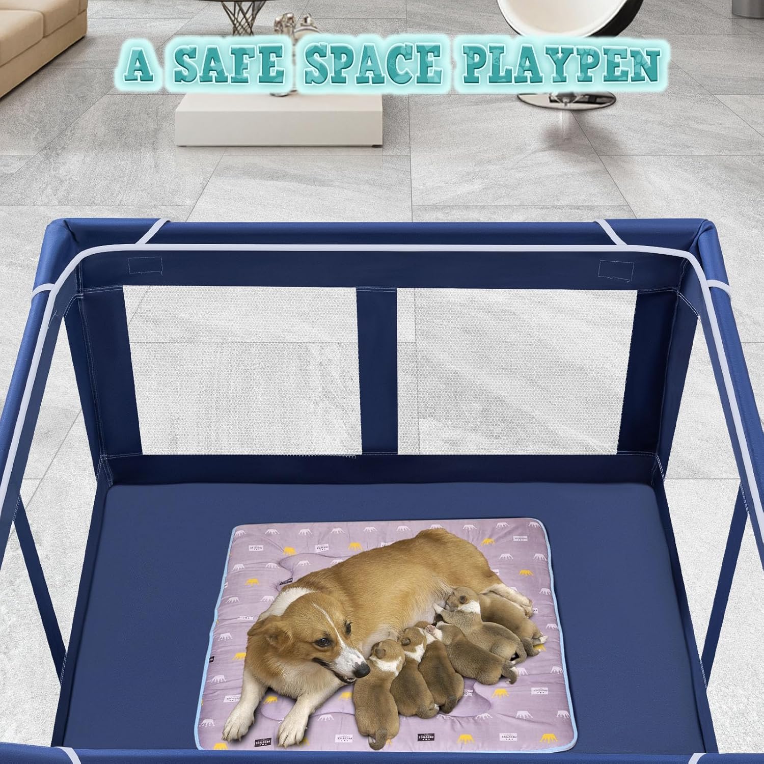 XVISHX_42x42_Inches_Puppy_Playpen_with_Gate,_Dog_Playpen_for_Puppies_or_Small_Dogs,_DogFence_Pet_Playpen_for_Indoor_&_Outdoor,_Sturdy_Safety_DogPen_with_Thickened_Fabric,_High-Strength_Nylon_Wire_Mesh