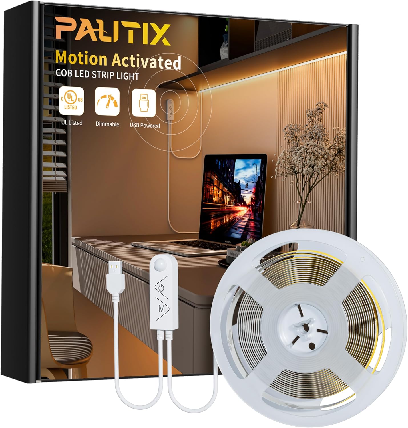 PAUTIX_COB_LED_Strip_with_Motion_Sensor,5V_USB_LED_Tape_Light_2700K/4000K,CRI90+_Super_Bright,Dimmable_Motion_Activated_LED_Strip_Light_for_Bedroom,Cabinets,Kitchen,Stair,Closet_Lighting_Projects