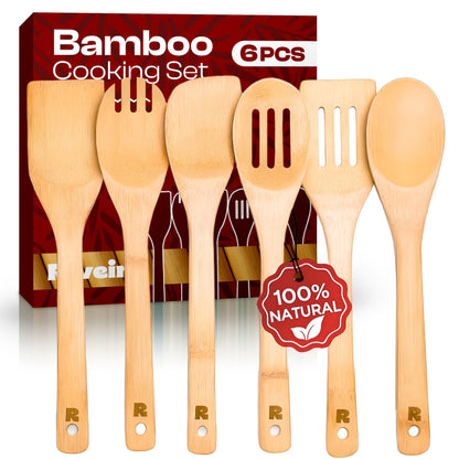 Riveira Bamboo Cooking Spoons 6-Piece – Wooden Cooking Utensils Set with Wooden Spoons for Cooking &amp;amp; Spatulas Wooden Utensil Sets – Premium Kitchen Utensils Set – Durable First Apartment Essentials