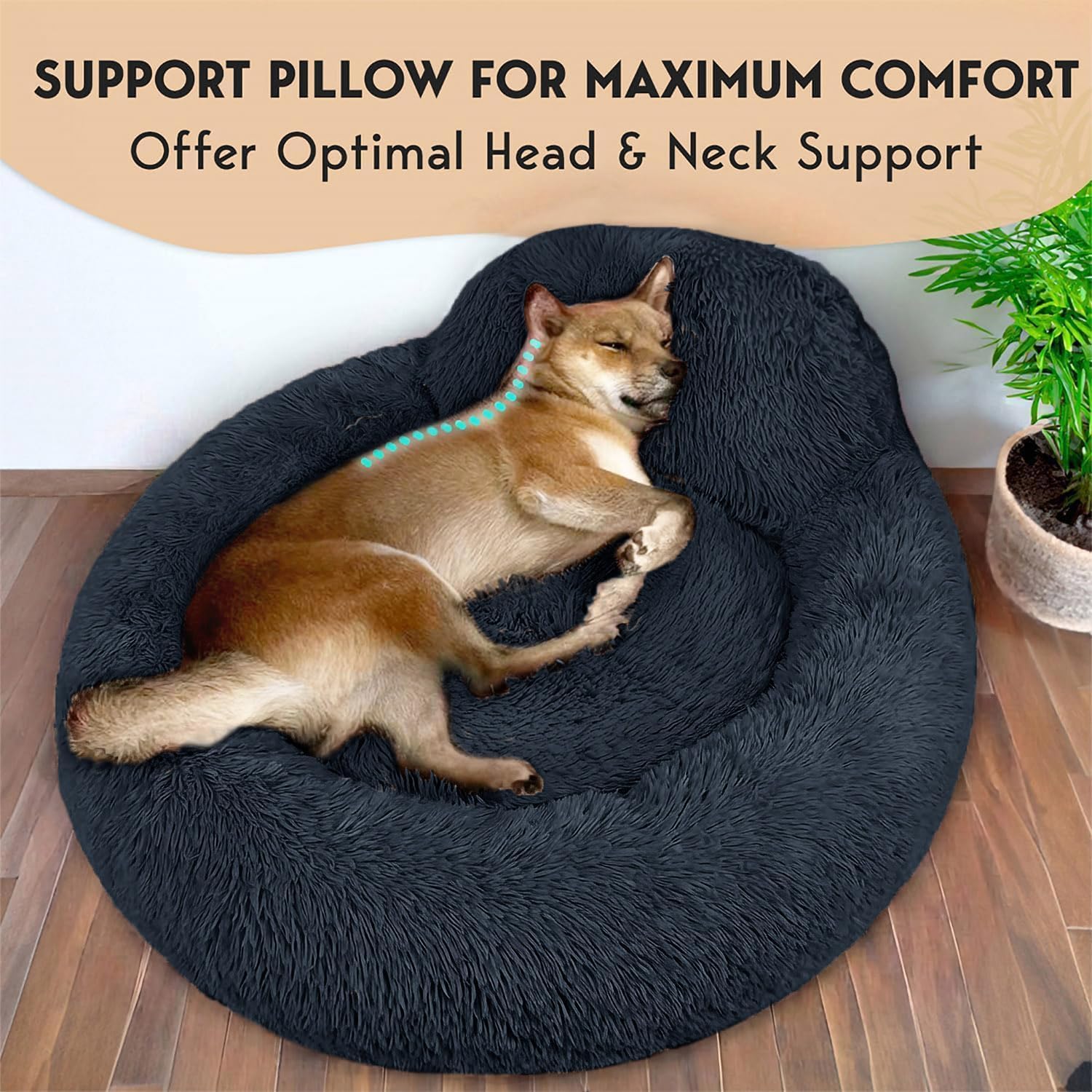 PetJett_Calming_Dog_Bed_Medium_Size_Dog_-_30''_Donut_Bed,_Washable_Dog_Bed,_Anti-Slip_&_Super_Soft_Fluffy_Plush_Round_Dog_Bed,_Anti-Anxiety_Premium_Comfort_Pet_Bed,_Fits_Dogs_Upto_45_lbs_-_Dark_Grey
