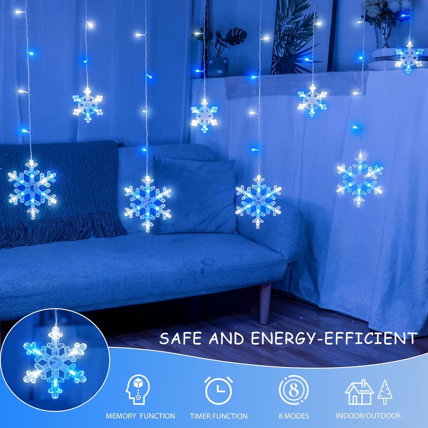 Christmas_Snowflake_Icicle_Lights,6.5ft_144LED_Curtain_Lights_with_12_Drops,Timer_8_Modes_Connectable,Waterproof_Fairy_Light_for_Eaves,_Garden,_Indoor_Outdoor_Xmas_Decoration_(Blue_White)