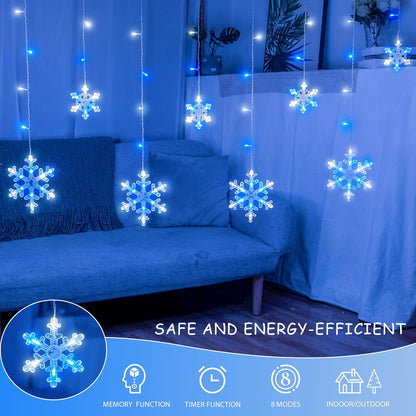 Christmas_Snowflake_Icicle_Lights,6.5ft_144LED_Curtain_Lights_with_12_Drops,Timer_8_Modes_Connectable,Waterproof_Fairy_Light_for_Eaves,_Garden,_Indoor_Outdoor_Xmas_Decoration_(Blue_White)