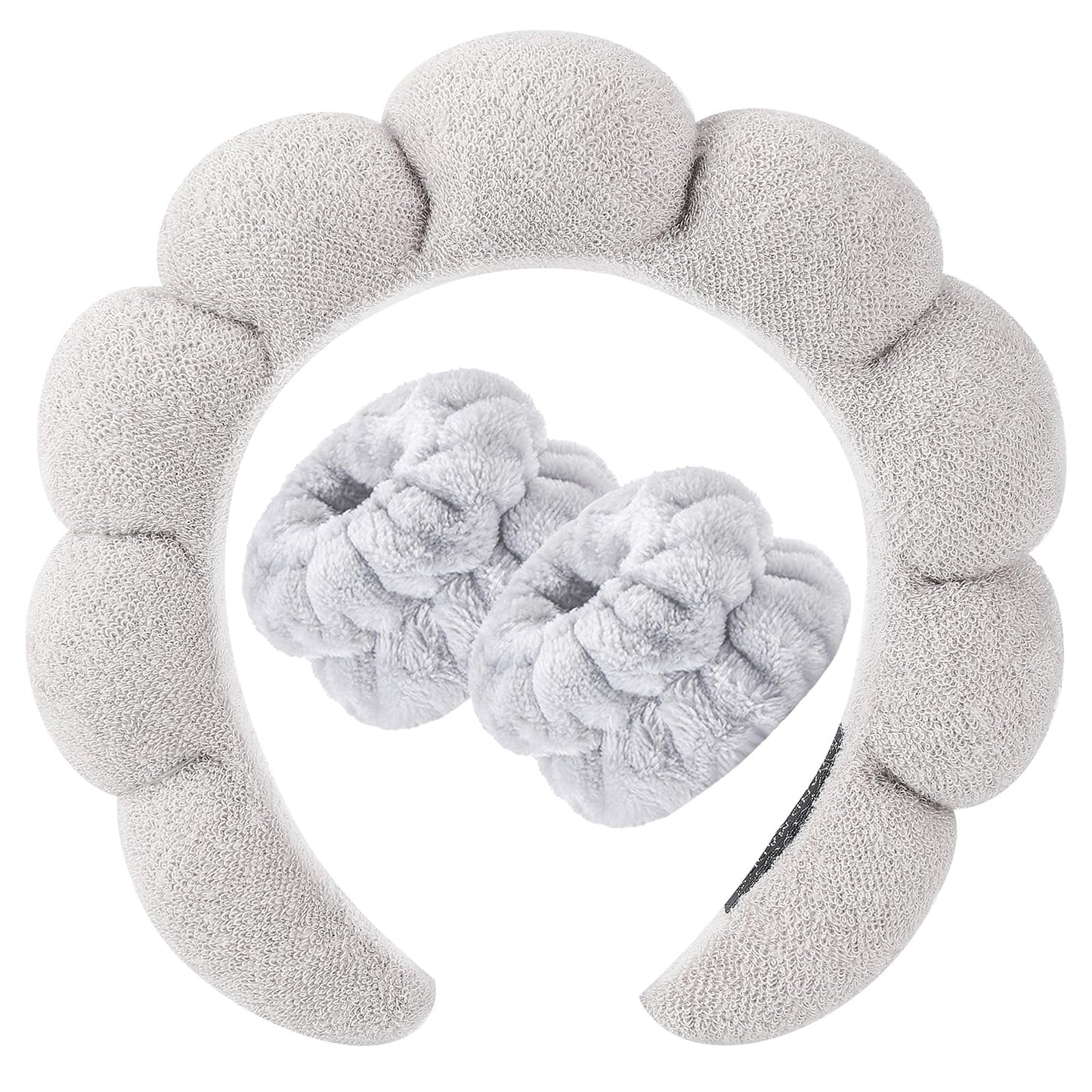 Zkptops Spa Headband for Washing Face Wristband Set Sponge Makeup Skincare Terry Cloth Headband Bubble Soft Get Ready Hairband for Women Girl Puffy Padded Headwear Non Slip Hair Accessory(Light Grey2)