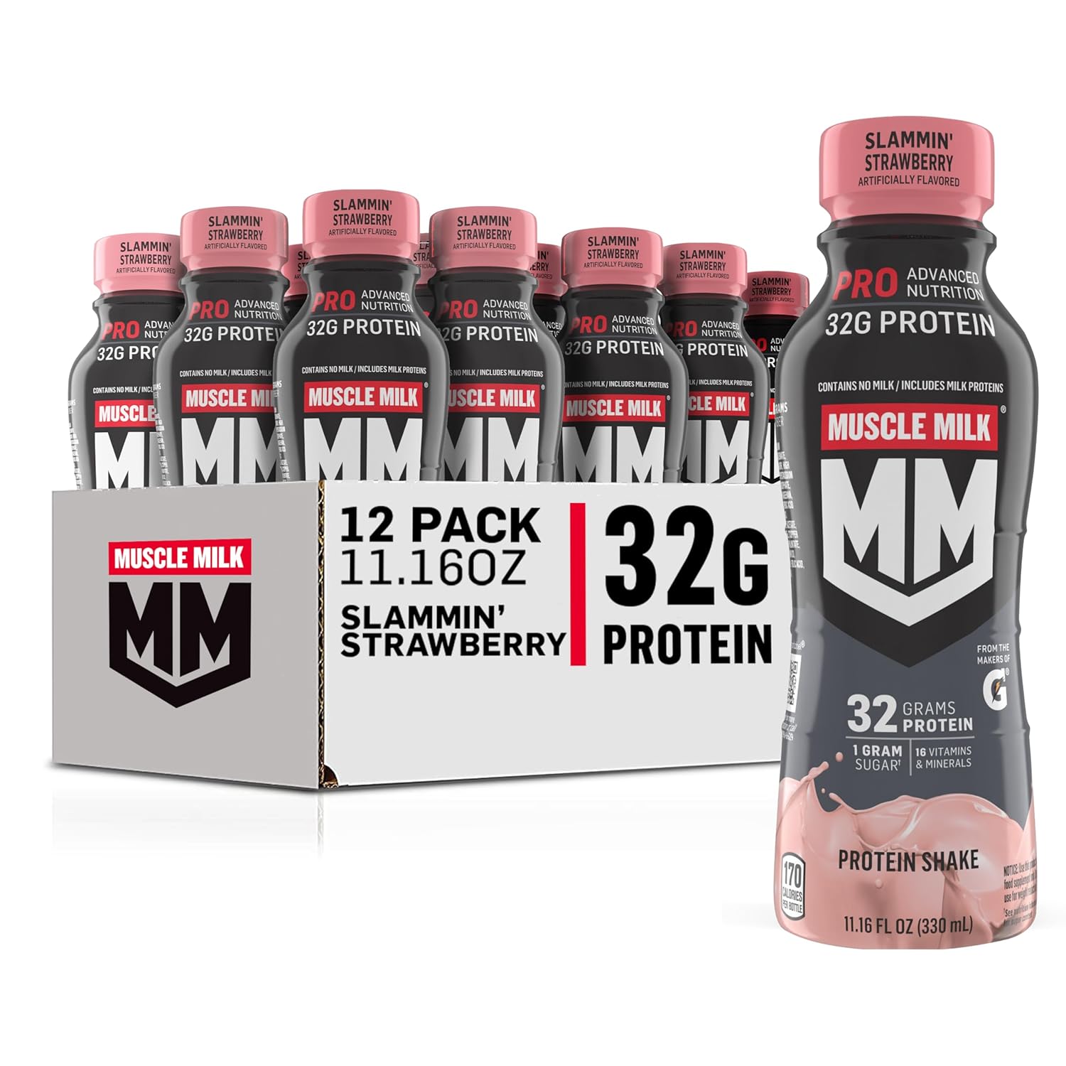 Muscle_Milk_Pro_Advanced_Nutrition_Protein_Shake,_Slammin'_Strawberry,_11.16_Fl_Oz_(Pack_of_12),_32g_Protein,_1g_Sugar,_16_Vitamins_&_Minerals,_5g_Fiber,_Bottled_Liquid,_Gluten_Free