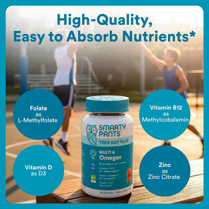 SmartyPants_Teen_Guy_Plus_Multi_&_Omegas_Multivitamin_Gummies_with_Omega_3_DHA/EPA,_Vitamins_D3,_C,_B12,_B6,_A,_K,_Zinc,_Folate,_Gluten_Free,_Clean_Label,_Pineapple_Orange,_60_Gummies_(30_Day_Supply)