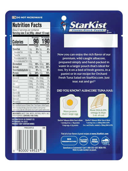 StarKist_Albacore_White_Tuna_in_Water,_6.4_oz_Pouch_(1_Pack)_Ready_to_Eat_Wild_Caught_Tuna,_19g_Protein_Per_Serving,_90_Calories_Per_Serving,_Gluten_Free,_Soy_Free,_Kosher,_Perfect_for_Meals_&_Snacks