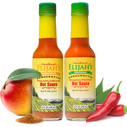 Elijah&amp;#39;s Xtreme Mild Duo: Pineapple-Mango Habanero Hot Sauce &amp;amp; Roasted Jalapeño Hot Sauce Set - Made with Fresh Fruit for Vibrant Flavor and Heat (2-5oz bottles)