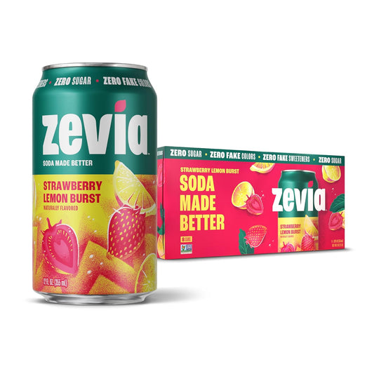 Zevia_Zero_Sugar_Soda,_Strawberry_Lemon_Burst,_12_oz_Cans_(8-Pack)_–_Naturally_Sweetened,_Zero_Calorie_Sugar_Free_Soda_-_Non-GMO_Project_Verified,_Gluten-Free,_Vegan