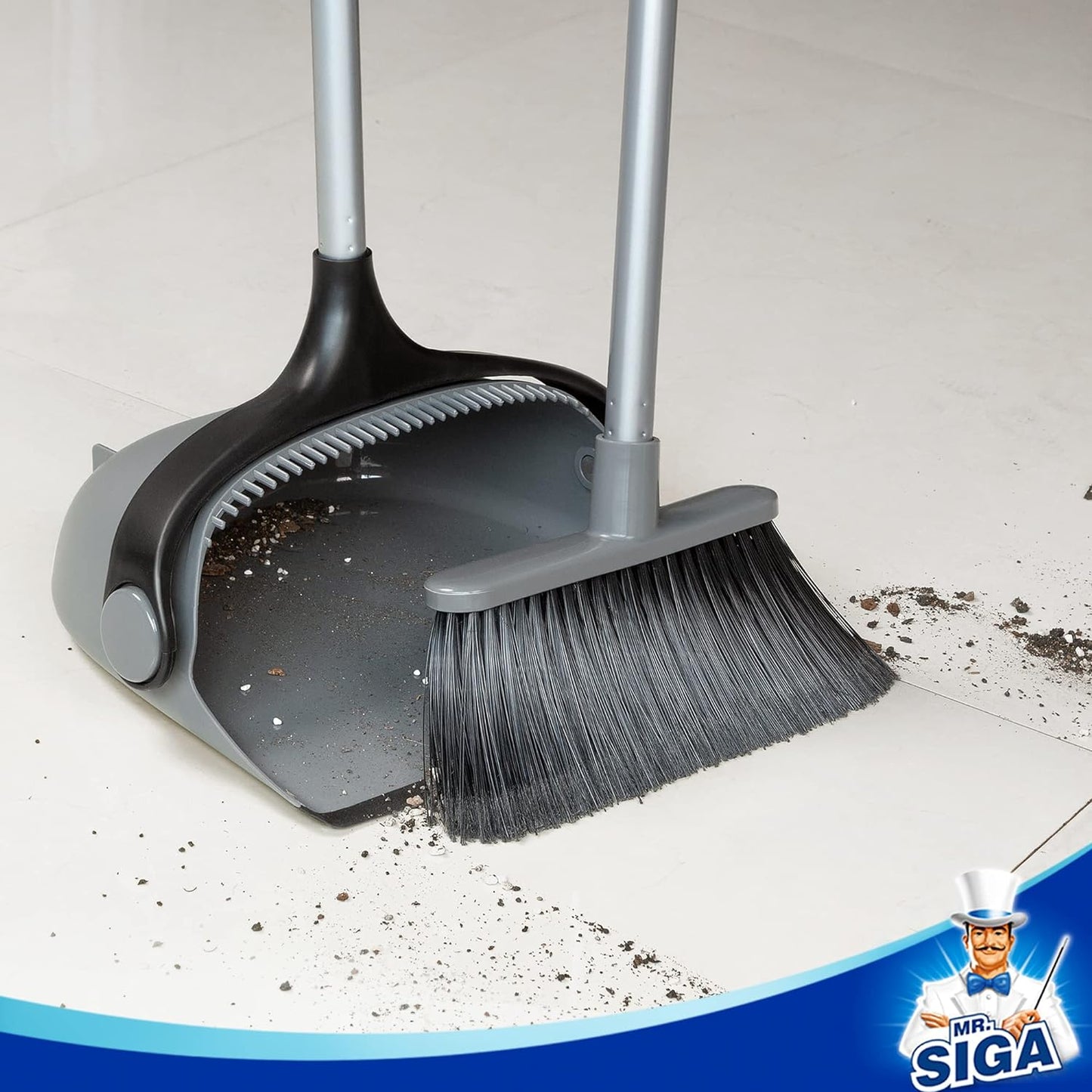 MR.SIGA_Broom_and_Dustpan_Set_with_Adjustable_Long_Handle,_Upright_Combo_for_Floor,_Cleaning_Lobby,_Gray