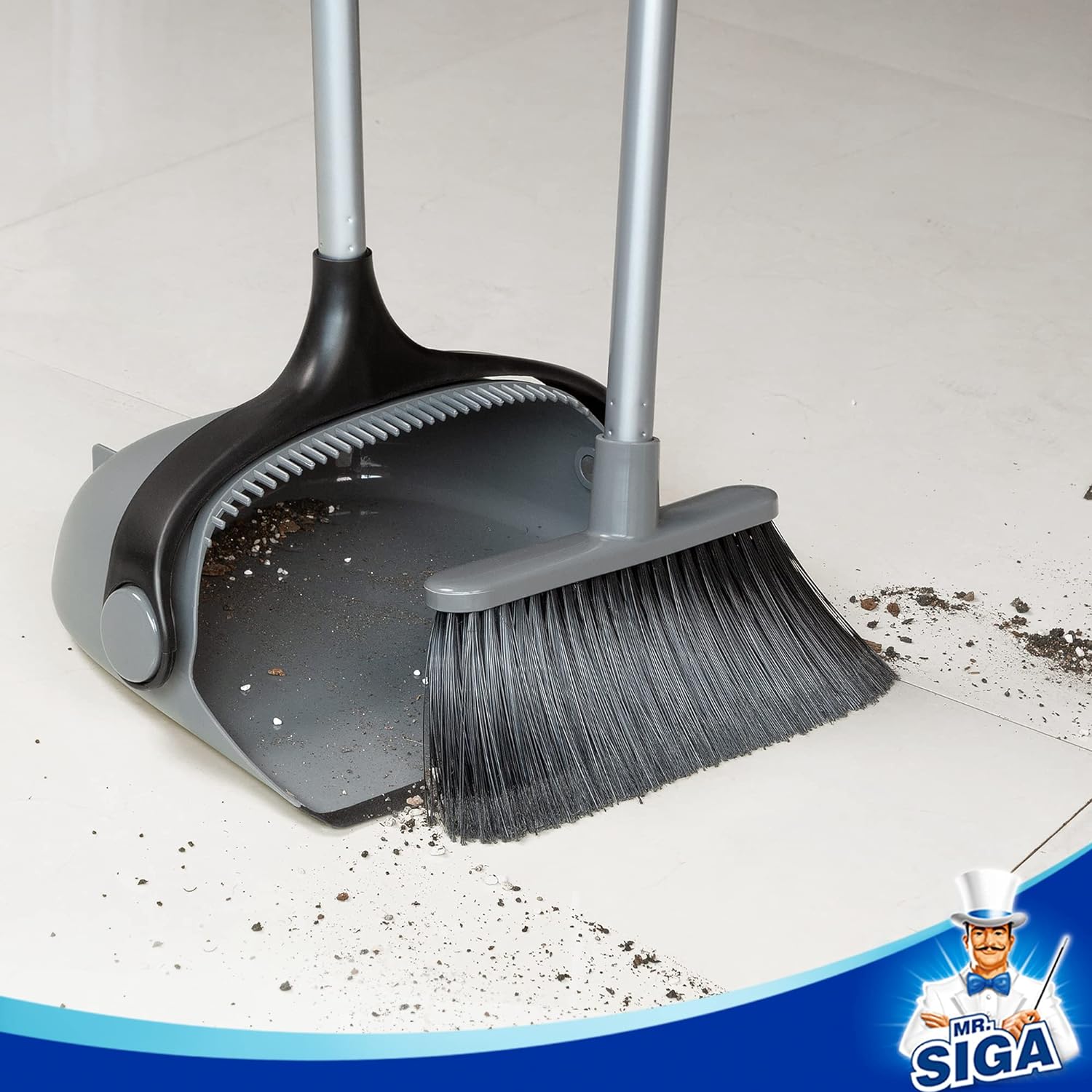 MR.SIGA_Broom_and_Dustpan_Set_with_Adjustable_Long_Handle,_Upright_Combo_for_Floor,_Cleaning_Lobby,_Gray