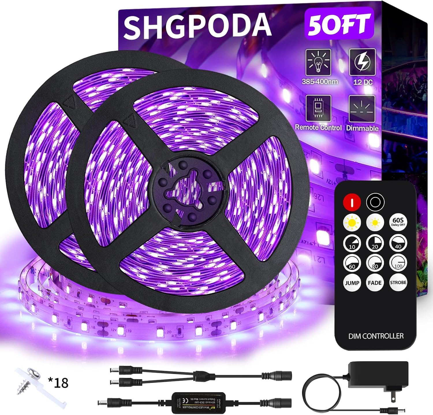 50_Ft/66FT_Black_Light_Strip_&_Remote,_900LEDs,_Dimmable_12V_Flexible_Black_Lights_for_Glow_Party,_Bedroom,_Hallween,_Fluorescent_Tapestry_Poster,_3_Light_Modes,_Non-Waterproof
