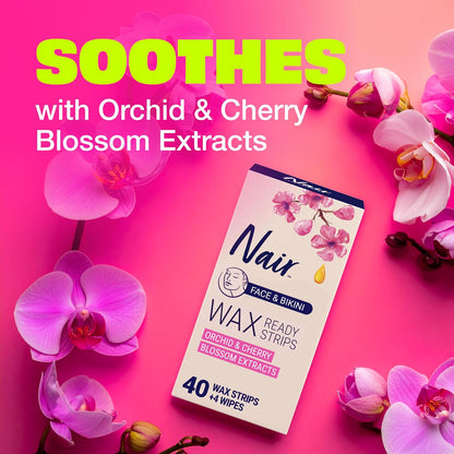 Nair_Hair_Remover_Wax_Ready_Strips,_Face_and_Bikini_Hair_Removal_Wax_Strips,_Orchid_and_Cherry_Blossom_Extracts,_Dermatologist_Tested,_Plus_4_Post_Wipes,_40_Count