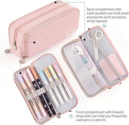 CICIMELON_Large_Capacity_Pencil_Case_3_Compartment_Pouch_Pen_Bag_for_School_Teen_Girl_Boy_Men_Women_(Pink)
