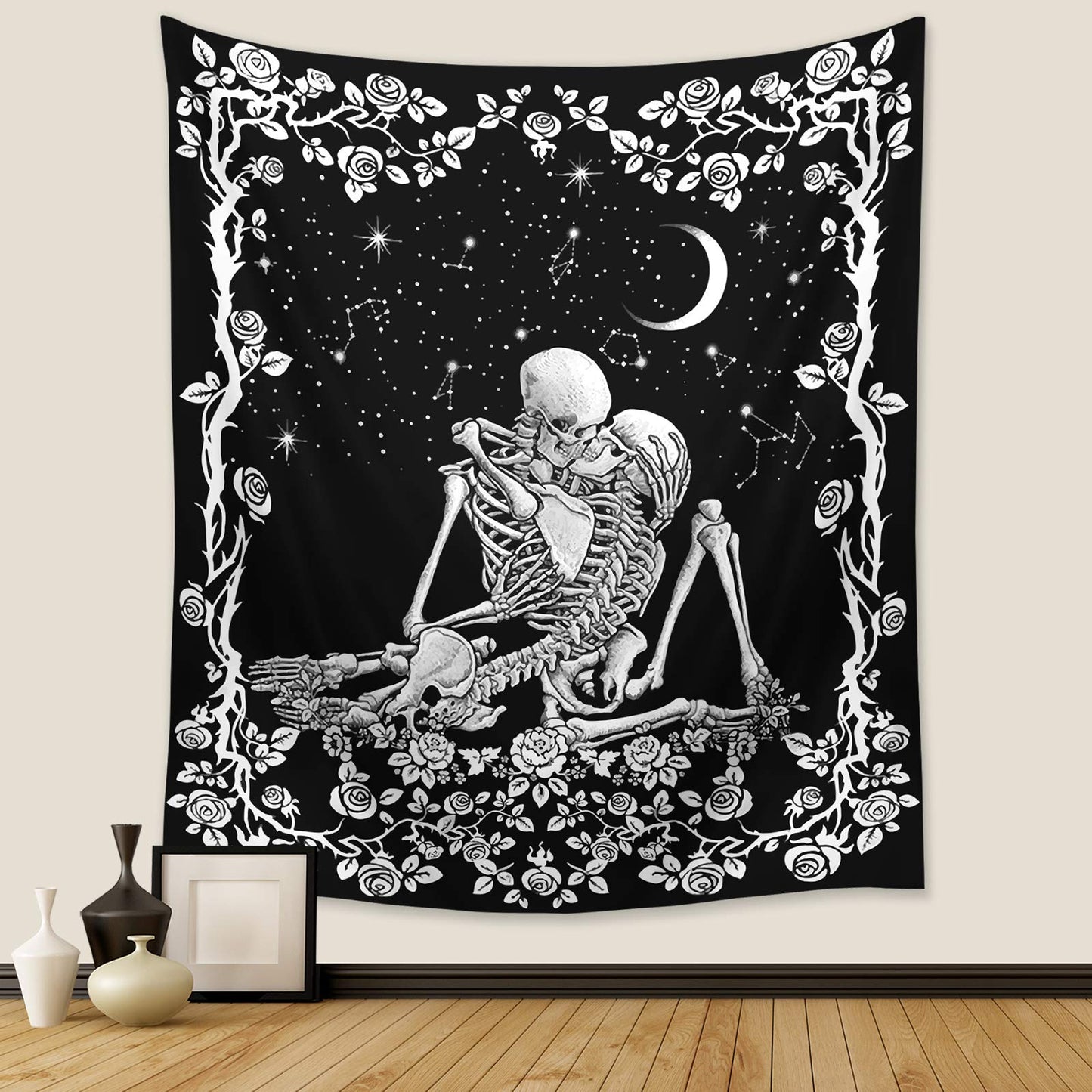 Wonrizon The Kissing Lovers Skull Tapestry,Black and White Romantic Constellation Skeleton Tapestries Wall Hanging decor for Living Room Bedroom (30”x 40”)
