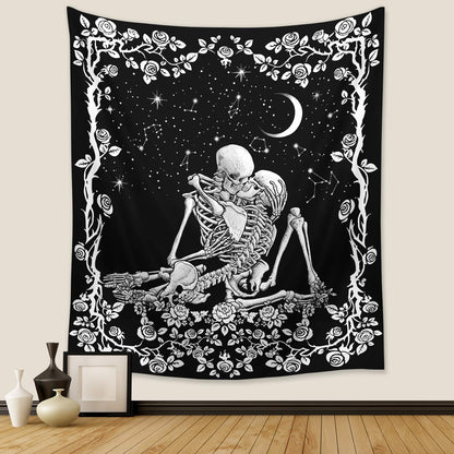 Wonrizon The Kissing Lovers Skull Tapestry,Black and White Romantic Constellation Skeleton Tapestries Wall Hanging decor for Living Room Bedroom (30”x 40”)