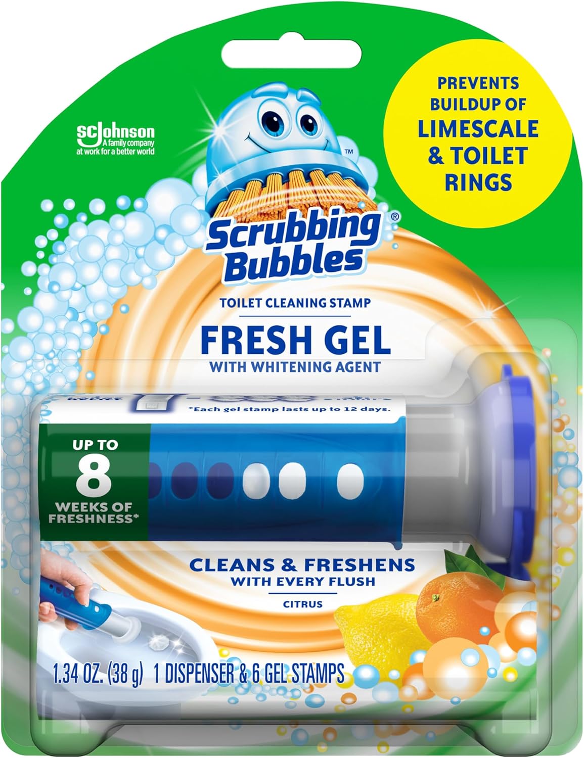 Scrubbing_Bubbles_Fresh_Gel_Toilet_Bowl_Cleaning_Stamps,_Helps_Keep_Toilet_Clean_and_Helps_Prevent_Limescale_&_Rings,_Citrus_Scent,_1_Dispenser_with_6_Fresh_Gel_Stamps
