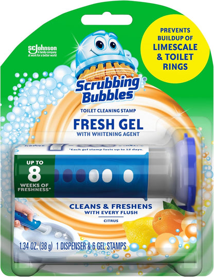 Scrubbing_Bubbles_Fresh_Gel_Toilet_Bowl_Cleaning_Stamps,_Helps_Keep_Toilet_Clean_and_Helps_Prevent_Limescale_&_Rings,_Citrus_Scent,_1_Dispenser_with_6_Fresh_Gel_Stamps