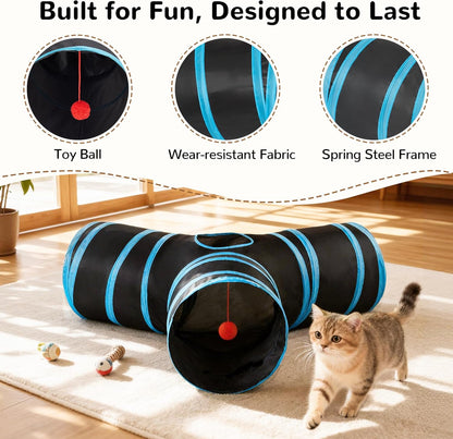 Tempcore_Pet_Cat_Tunnel_Tube_Toys_3_Way_Collapsible,_Tunnels_for_Indoor_Cats,_Interactive_Tube_with_Teaser_Wand,_Peek_Holes_&_Hanging_Ball,_Black_&_Blue