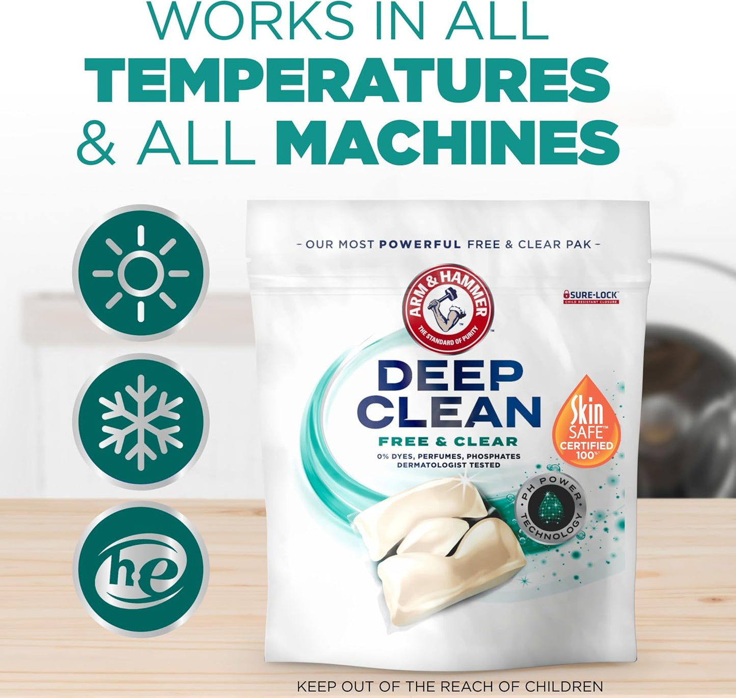 ARM_&_HAMMER_Deep_Clean_Free_&_Clear_Laundry_Detergent_Power_Paks,_Free_of_Dyes_and_Perfumes,_Dermatologist_Tested,_32_Count