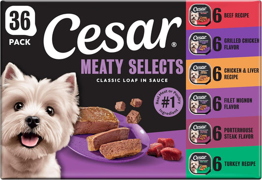 Cesar_Wet_Dog_Food_Classic_Loaf_in_Sauce_Grilled_Chicken,_Filet_Mignon,_Porterhouse_Steak,_Beef,_Chicken_&_Liver_and_Turkey_Variety_Pack_3.5_oz._Easy_Peel_Trays_(36_Count,_Pack_of_1)