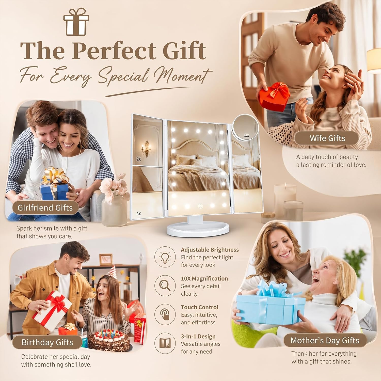 HUONUL_Makeup_Mirror,_Vanity_Mirror_with_Lights,_2X/3X/10X_Magnification,_Touch_Control,_Trifold,_Dual_Power_Supply,_Birthday_Gifts_for_Women,_Wife,_Mom,_Girls,Dorm_Room_Essentials