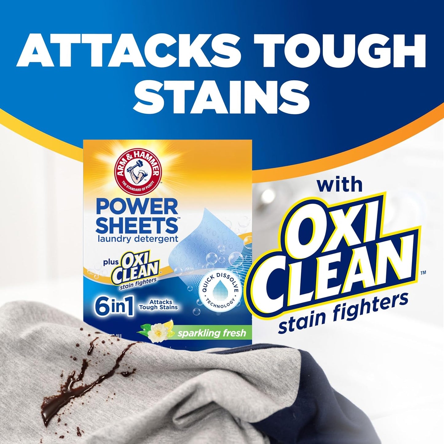 ARM_&_HAMMER_Power_Sheets_Laundry_Detergent_Plus_OxiClean_Stain_Fighters,_6in1,_Sparkling_Fresh_Scent,_42_Count,_84_Medium_Loads