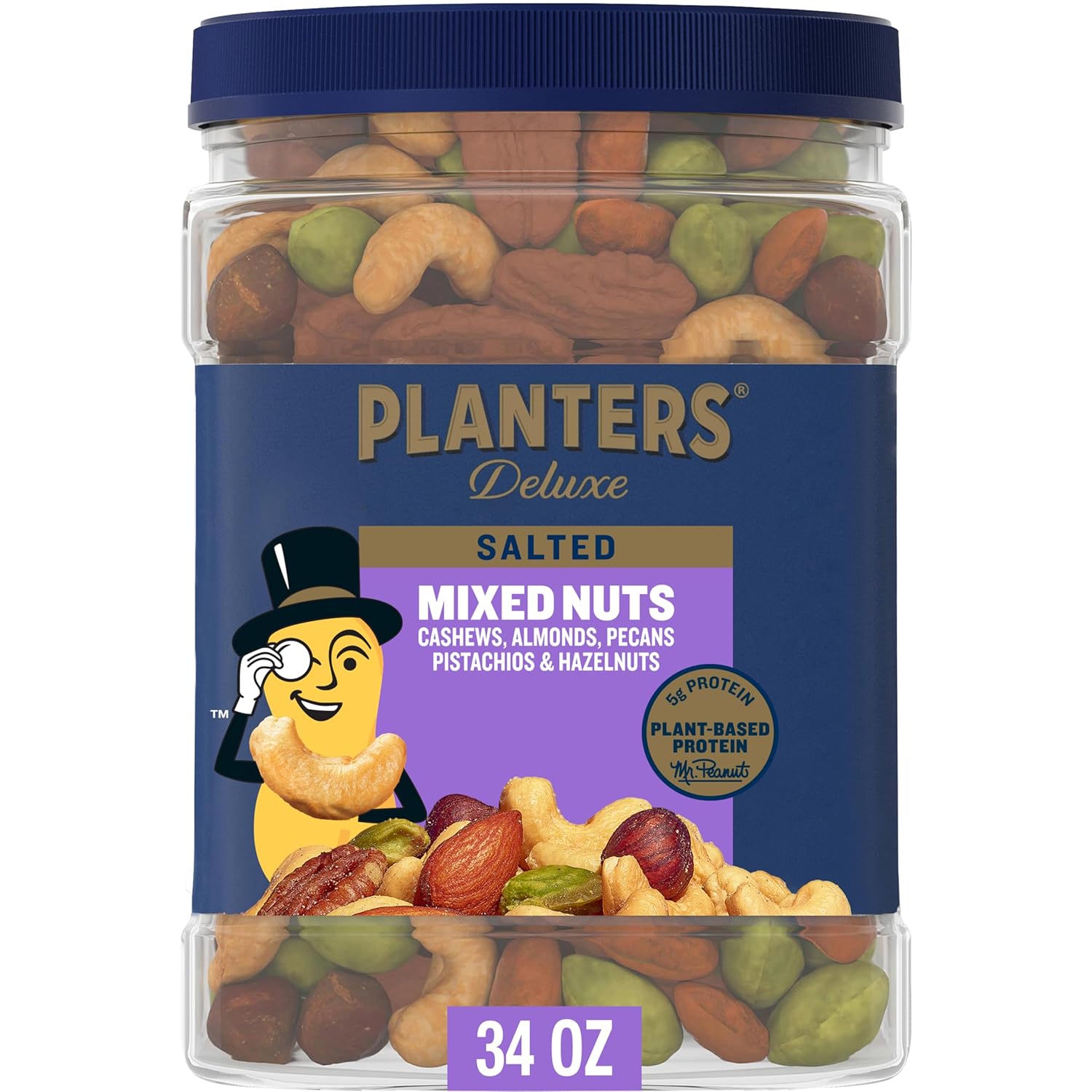 PLANTERS_Deluxe_Salted_Mixed_Nuts,_Roasted_Cashews,_Almonds,_Pecans,_Pistachios,_and_Hazelnuts,_Party_Snacks,_Plant-Based_Protein,_Quick_Snack_for_Adults,_After_School_Snack,_34oz_Container