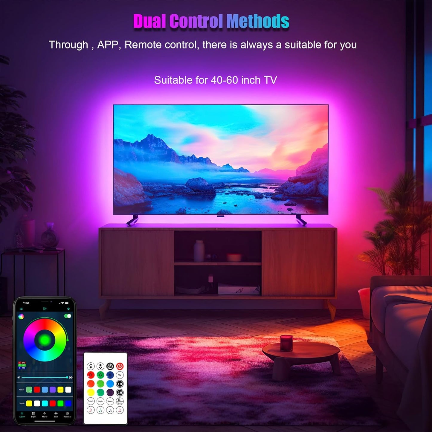 PANGTON_VILLA_LED_Lights_for_TV_40-100_Inch,_10FT/16.4FT/18FT_/24.6FT_ICRGB_TV_LED_Backlight_Kit_with_Bluetooth_APP_&_24_Keys_Remote,_Music_Sync_Lights_Behind,_USB_Cable_Powered,_Not_Waterproof