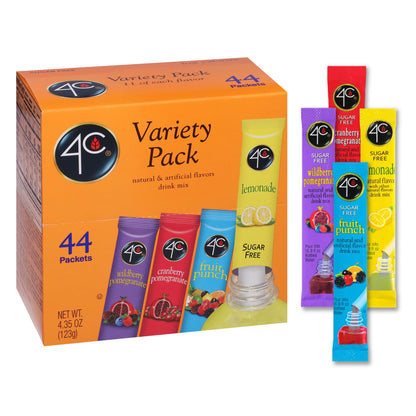 4C Powder Drink Mix Packets, PSD Variety 1 Pack, 44 Count, Singles Stix On the Go, Refreshing Sugar Free Water Flavorings (11 Each Wild Berry Pomegranate, Cranberry-Pomegranate, Fruit Punch, Lemonade)