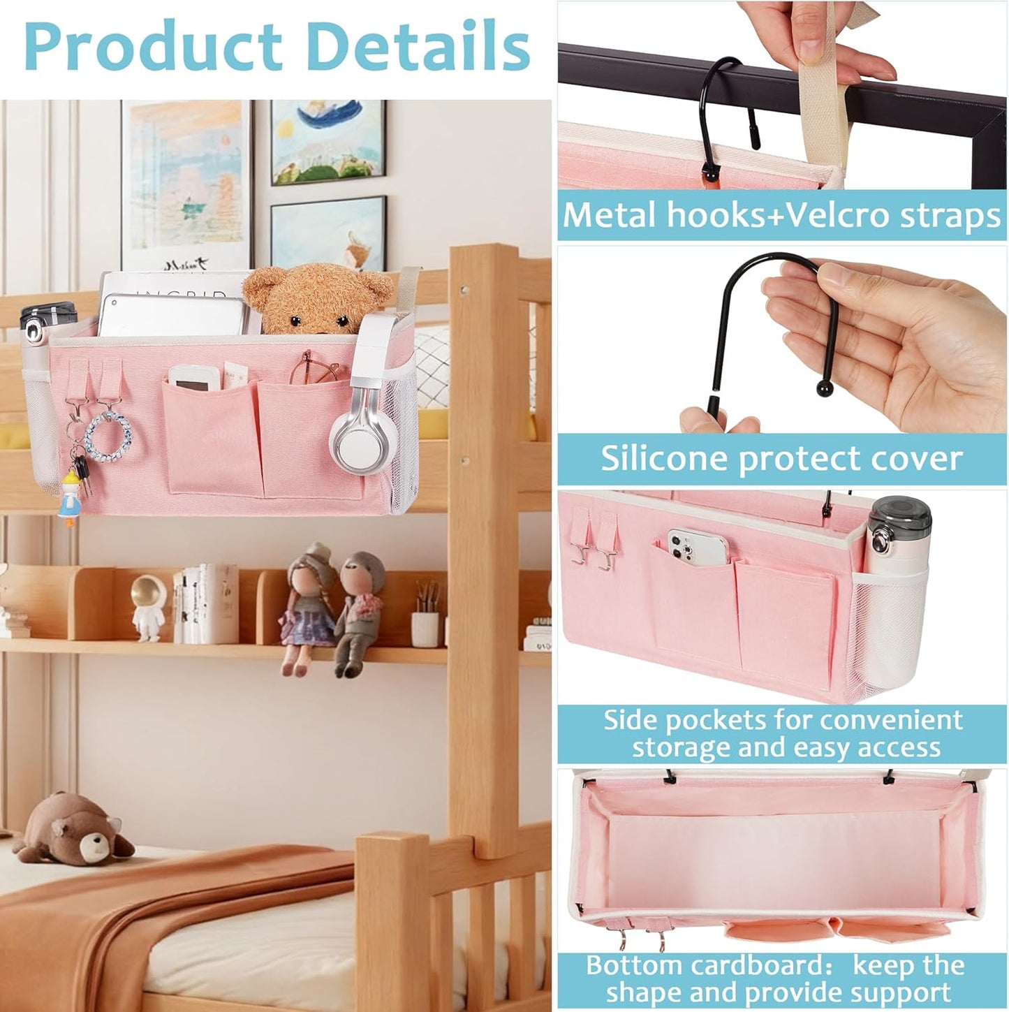Bedside_Caddy/Bedside_Storage_Bag_Hanging_Organizer_for_Bunk_and_Hospital_Beds,Dorm_Rooms_Bed_Rails,Can_be_Placed_Glasses,Books,Mobile_Phones,Keys_(Light_Pink)